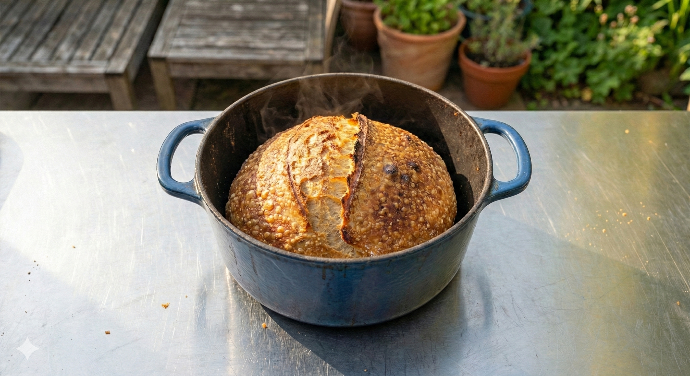 Baked bread in a Dutch oven on a metal surface with outdoor background