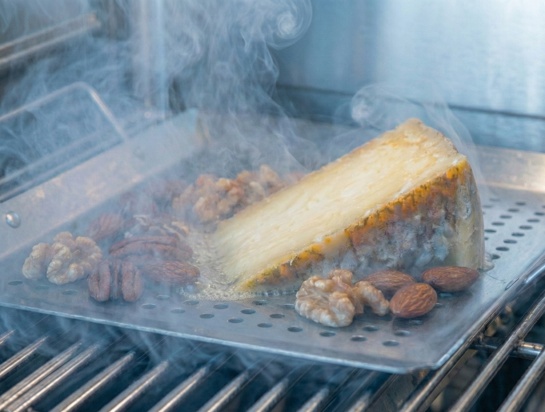 Cheese and nuts being smoked on a grill with smoke rising