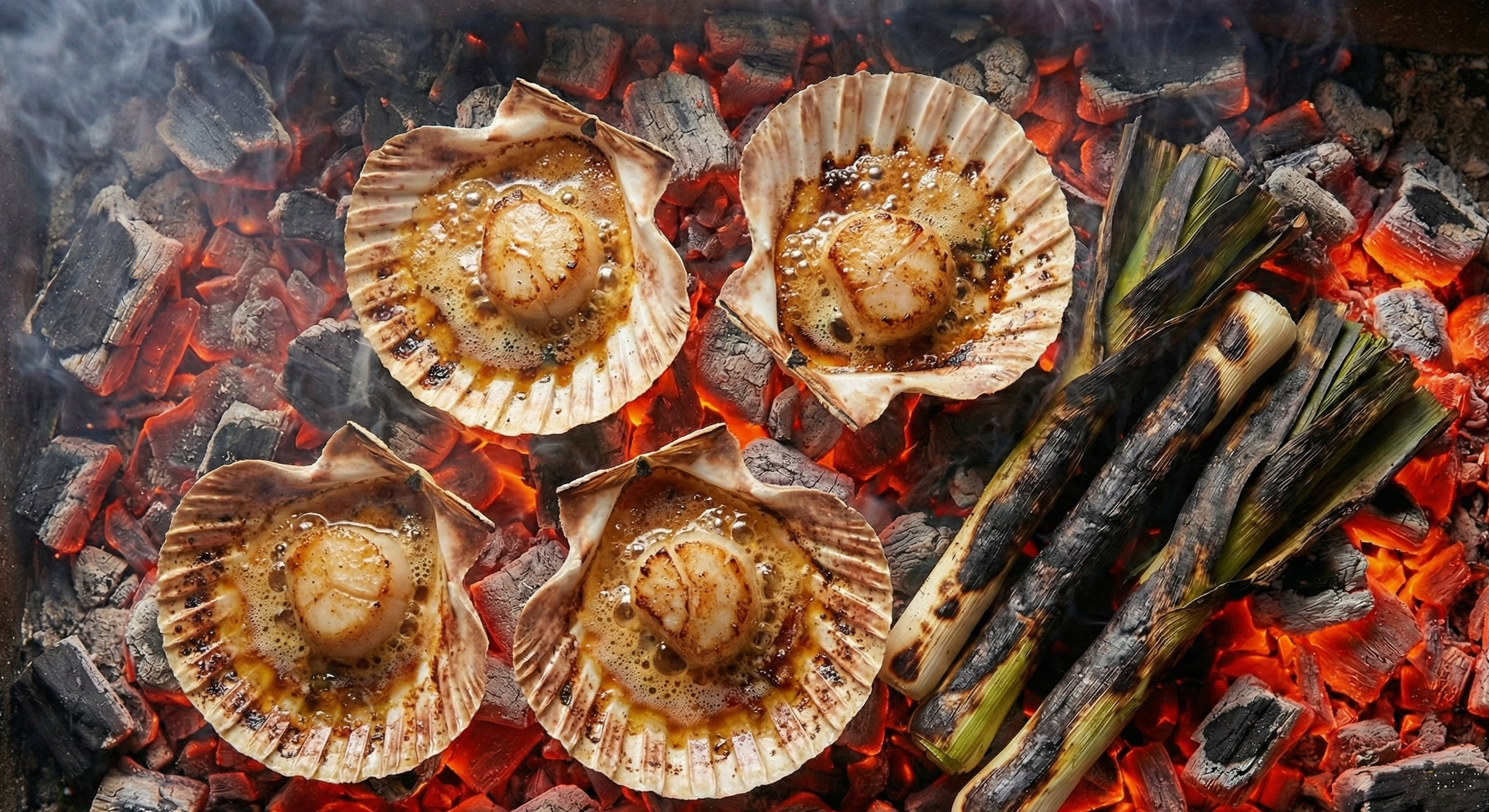 Scallops being cooked on a bed of hot coals with asparagus nearby.