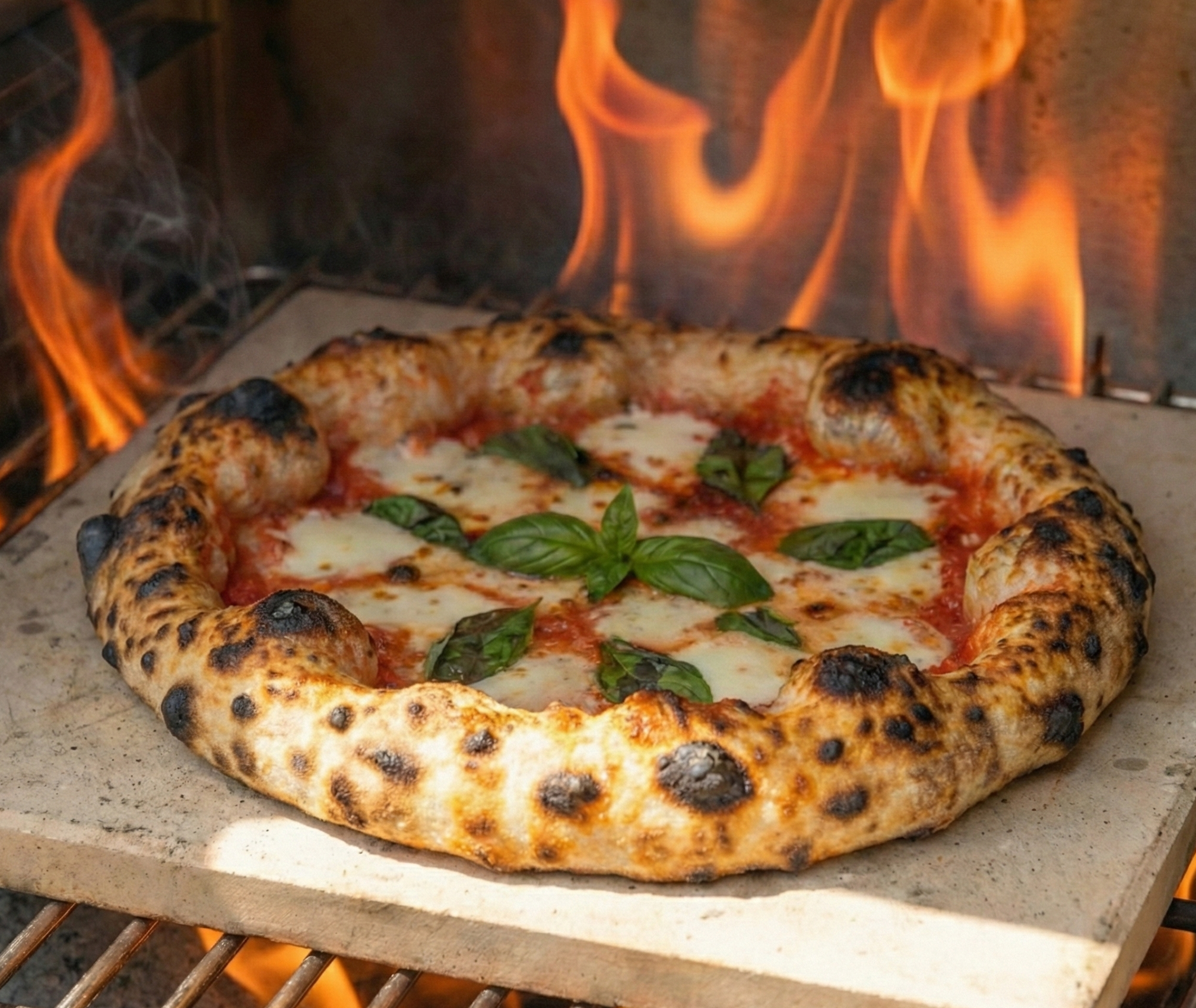 Neapolitan pizza with basil and an open flame.