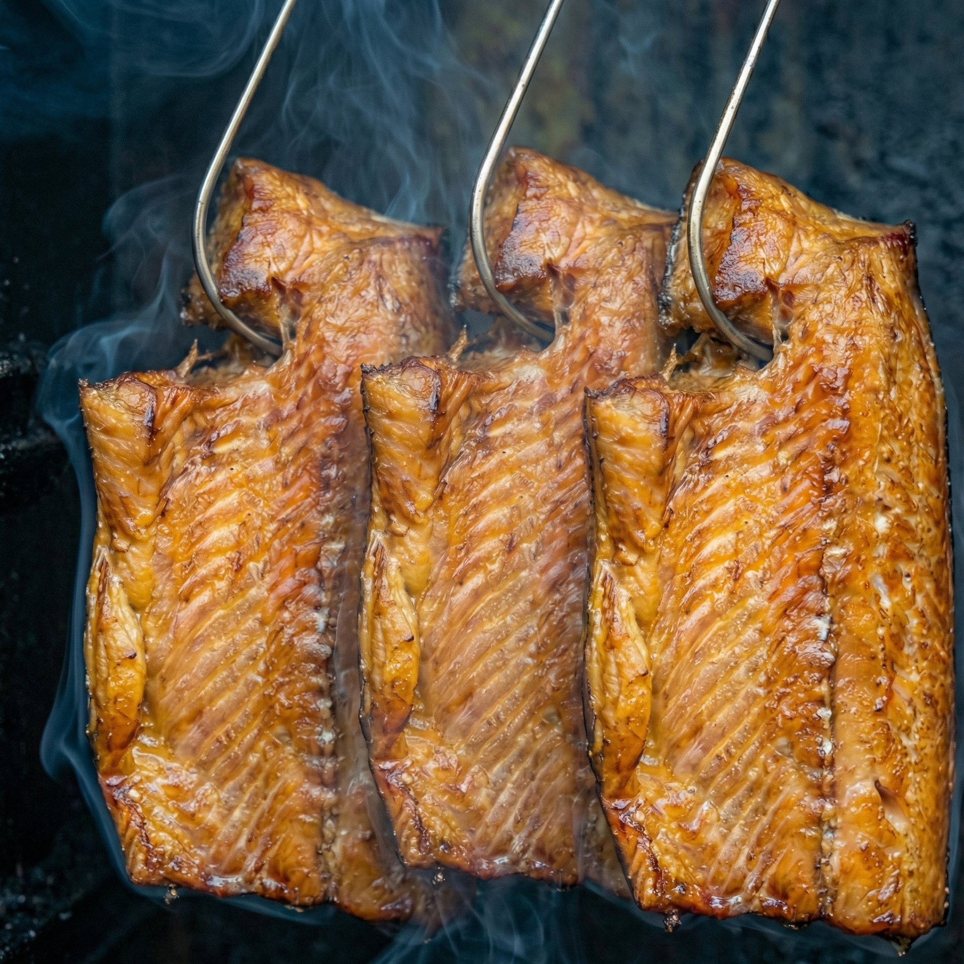 Three pieces of fish on skewers with smoke in the background