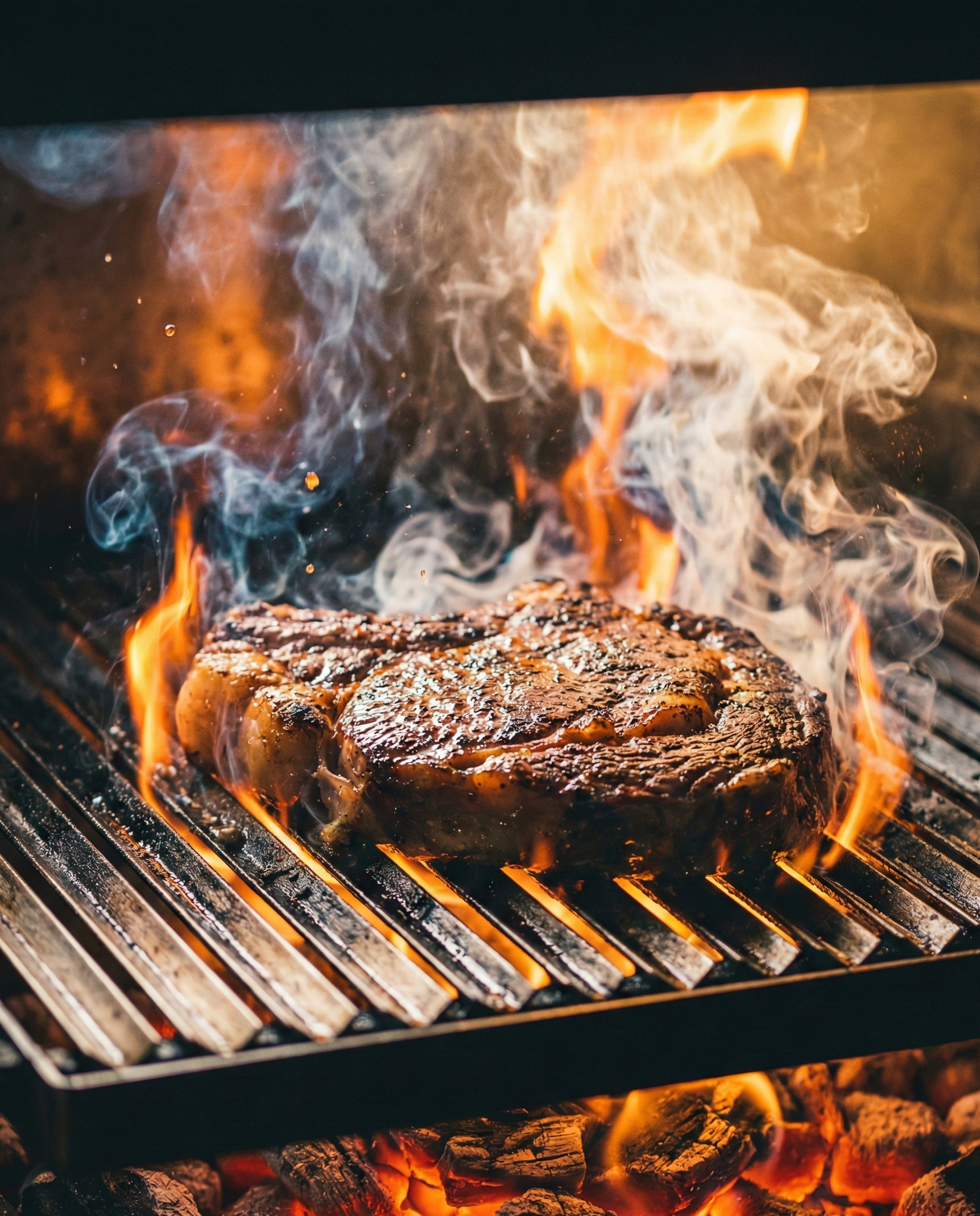 Steak being grilled with flames and smoke